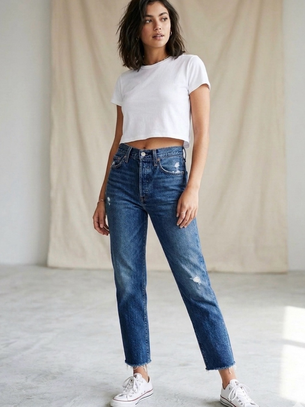 Levi's Mid-Blue High-Rise Cropped Straight Jeans